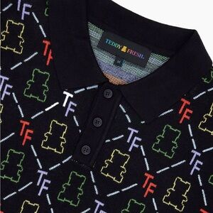 Unisex Teddy Fresh Black Knit Polo with Multicolor Teddy & TF Pattern